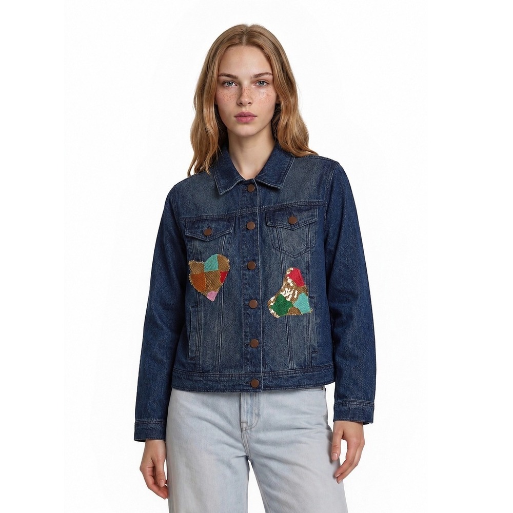 Aum Couture Denim Jacket Womens Size Large Blue Sequin Heart Patchwork Denim Y2K